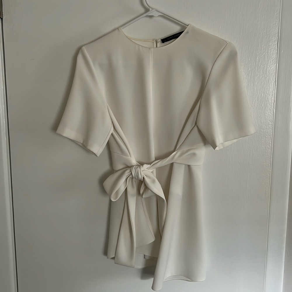 Zara White Tie Waist Blouse